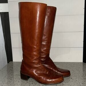 Stuart Weitzman Cognac Brown Leather Knee High Boots-Back Zip-1.5" Heel-Size 5